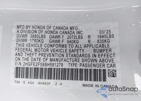2025 Honda Civic Sport from USA, damaged, VIN 2HGFE2F59SH581279